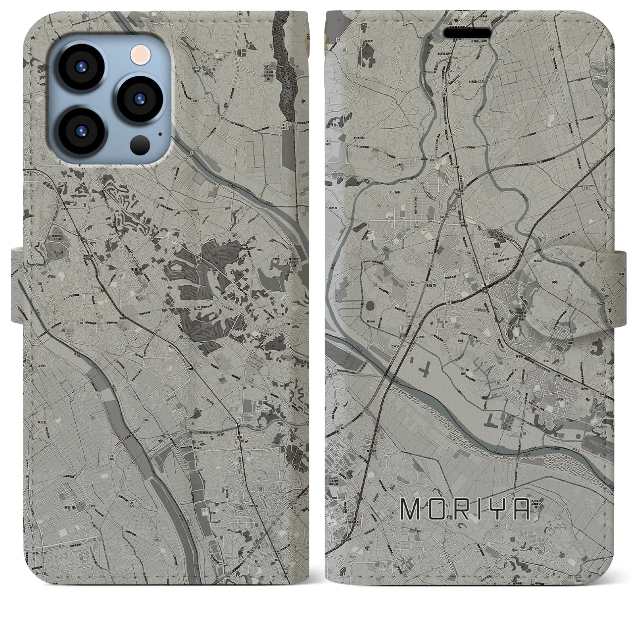 【守谷(茨城県)】地図柄iPhoneケース(手帳タイプ)モノトーン・iPhone 13 Pro Max 用