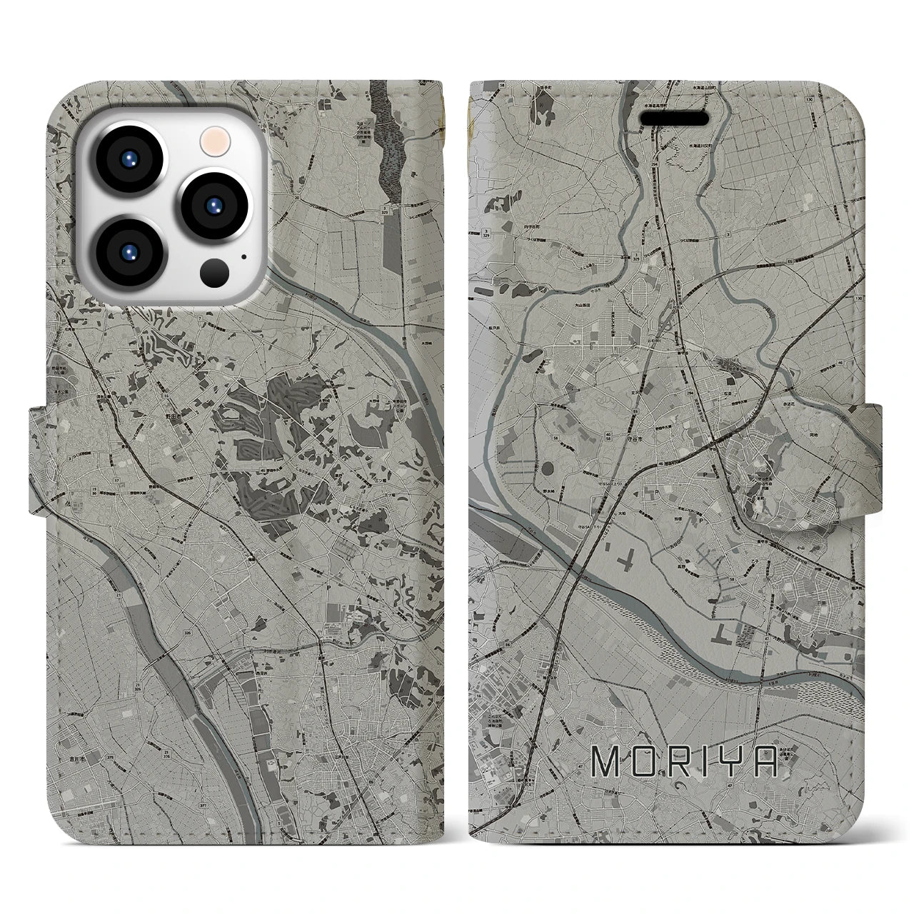 【守谷(茨城県)】地図柄iPhoneケース(手帳タイプ)モノトーン・iPhone 13 Pro 用