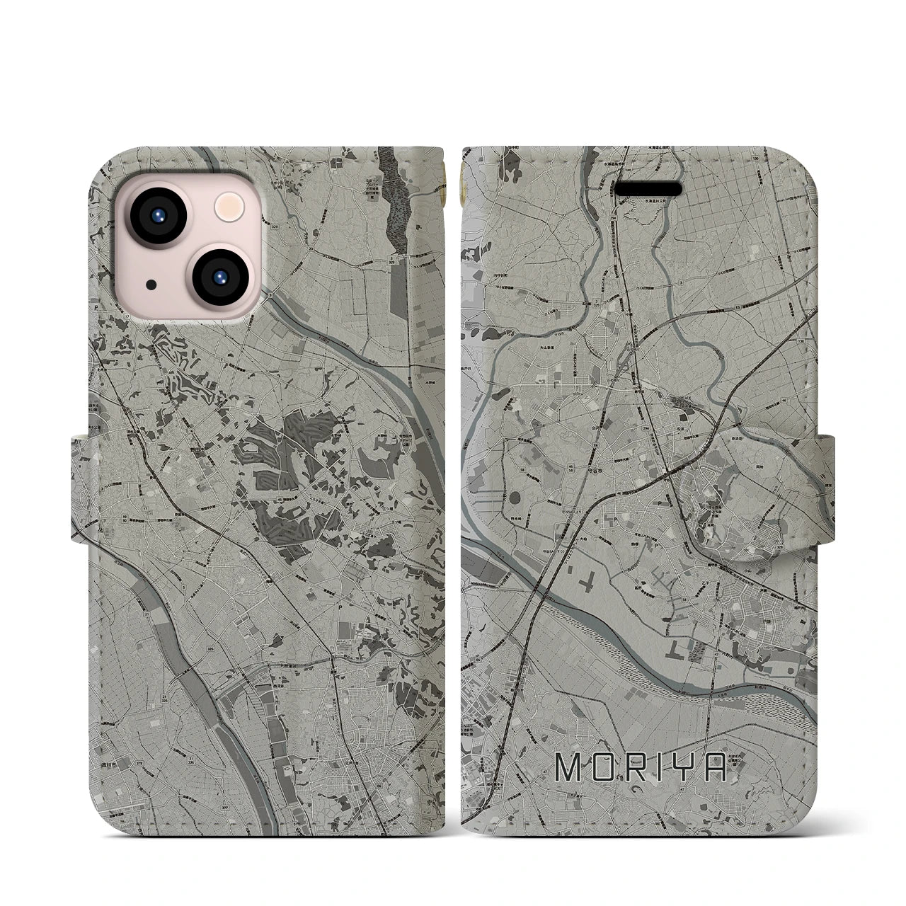 【守谷(茨城県)】地図柄iPhoneケース(手帳タイプ)モノトーン・iPhone 13 mini 用