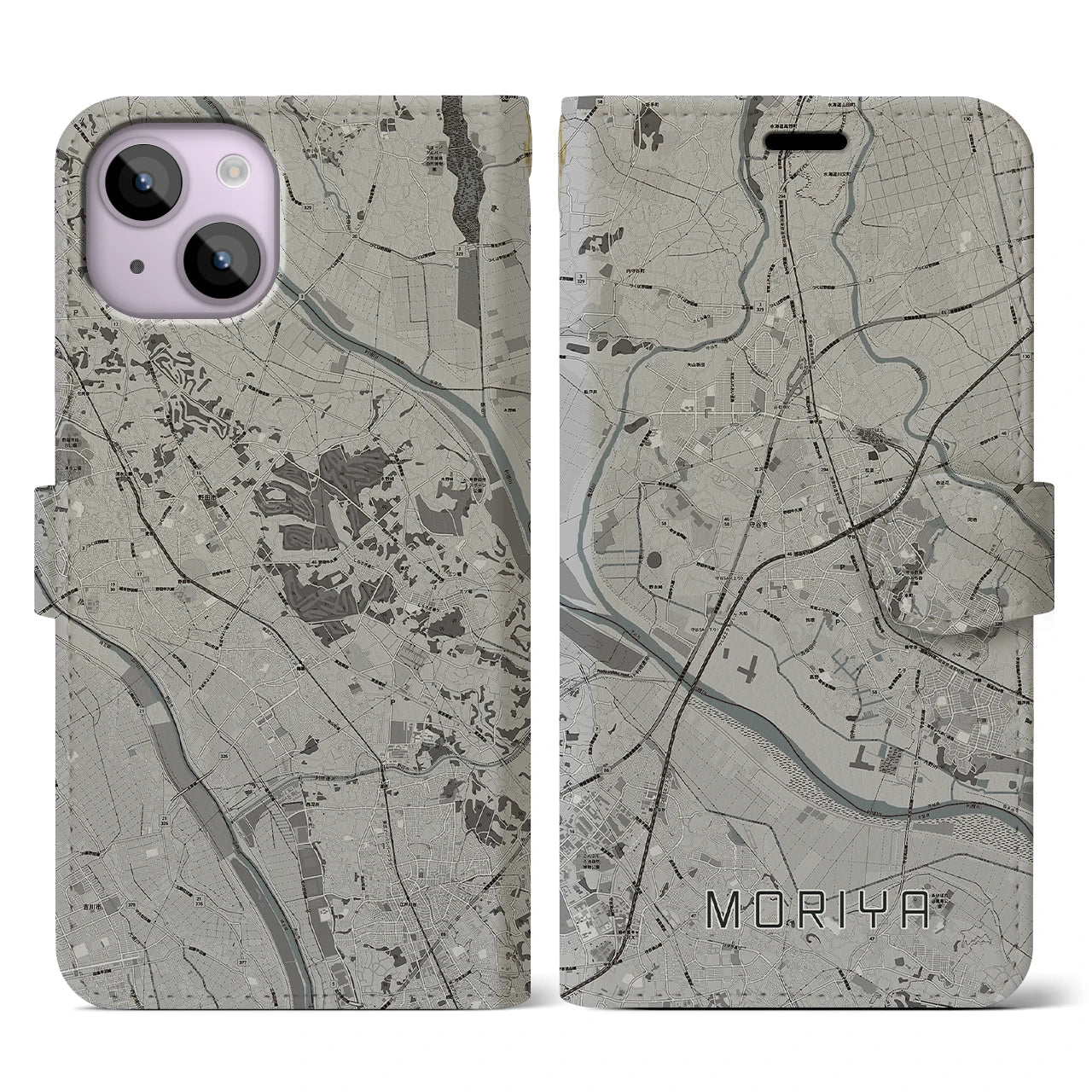 【守谷(茨城県)】地図柄iPhoneケース(手帳タイプ)モノトーン・iPhone 14 用