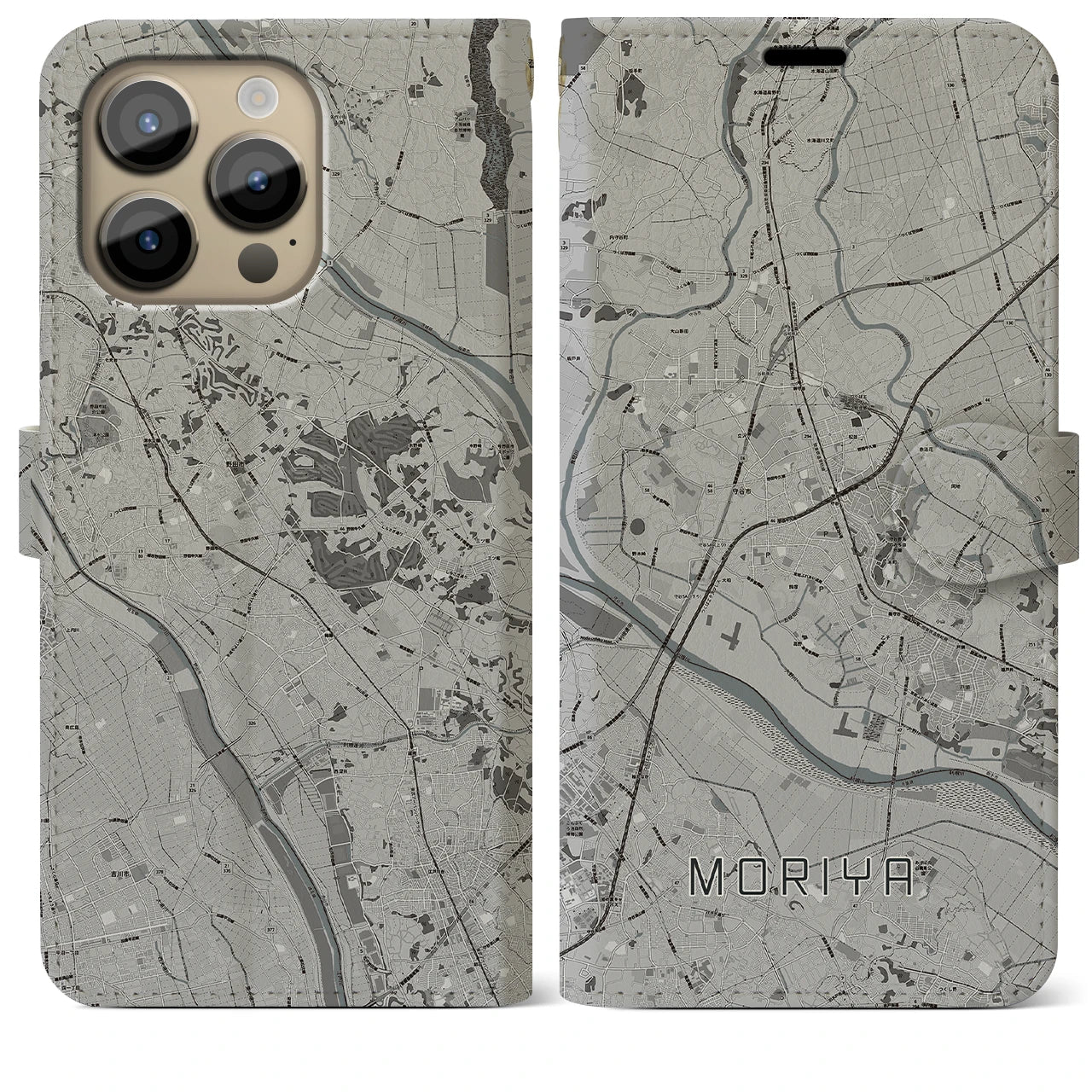【守谷(茨城県)】地図柄iPhoneケース(手帳タイプ)モノトーン・iPhone 14 Pro Max 用