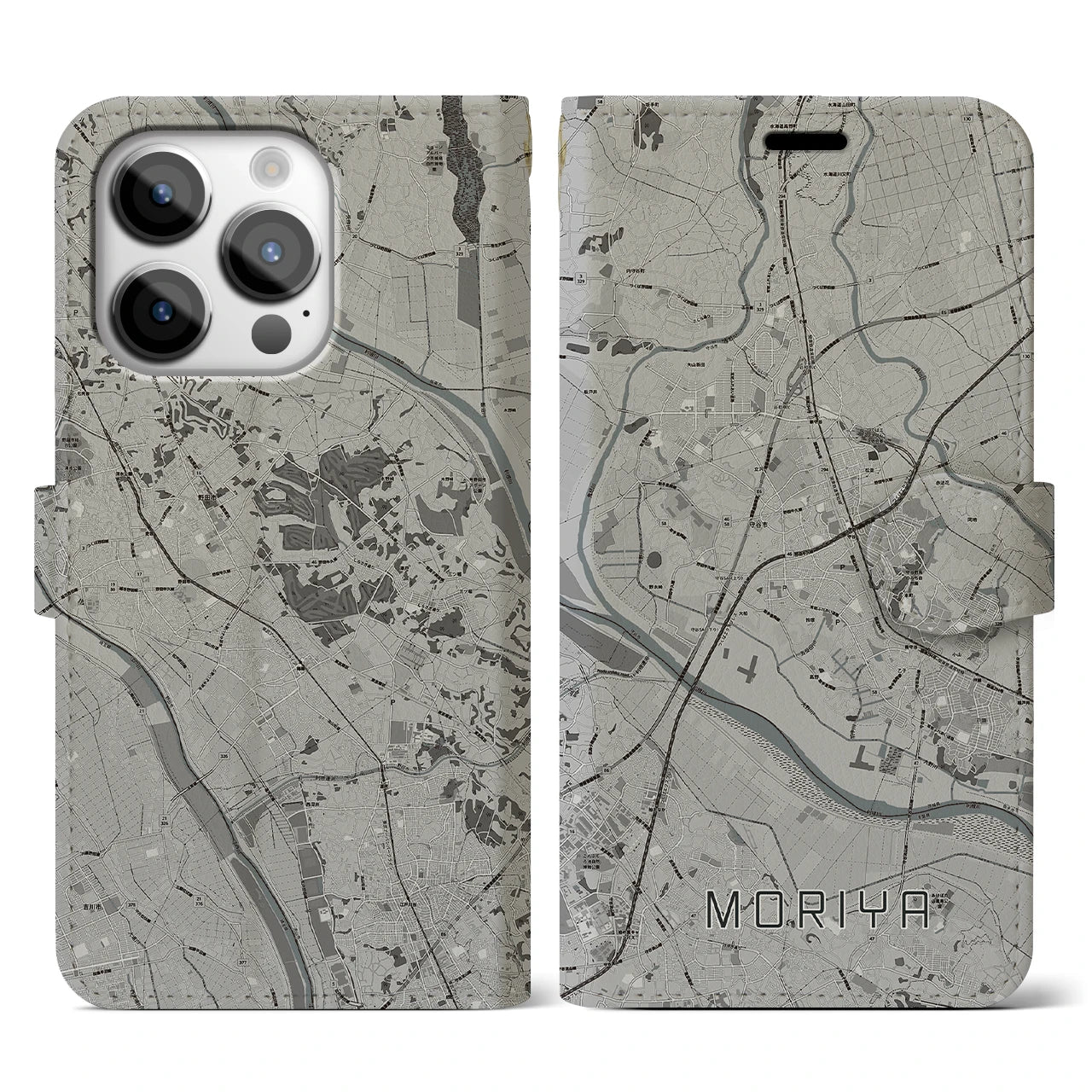 【守谷(茨城県)】地図柄iPhoneケース(手帳タイプ)モノトーン・iPhone 14 Pro 用