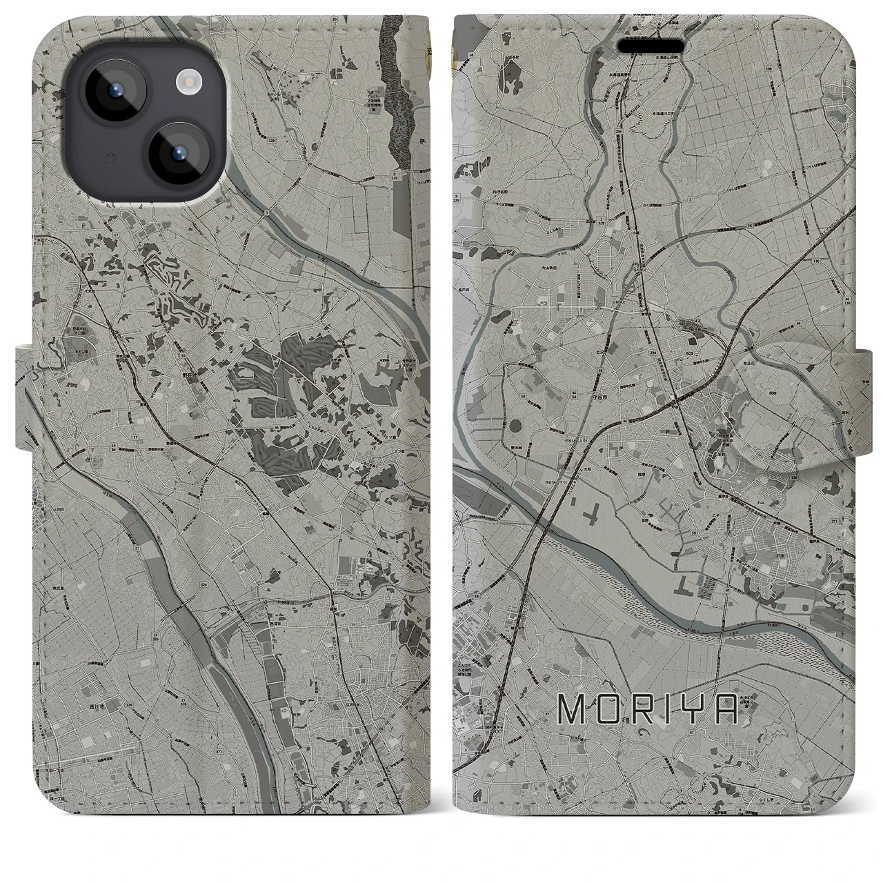 【守谷(茨城県)】地図柄iPhoneケース(手帳タイプ)モノトーン・iPhone 14 Plus 用