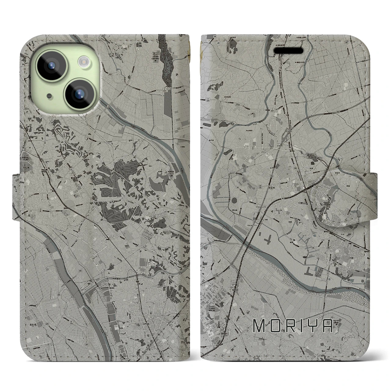 【守谷(茨城県)】地図柄iPhoneケース(手帳タイプ)モノトーン・iPhone 15 用