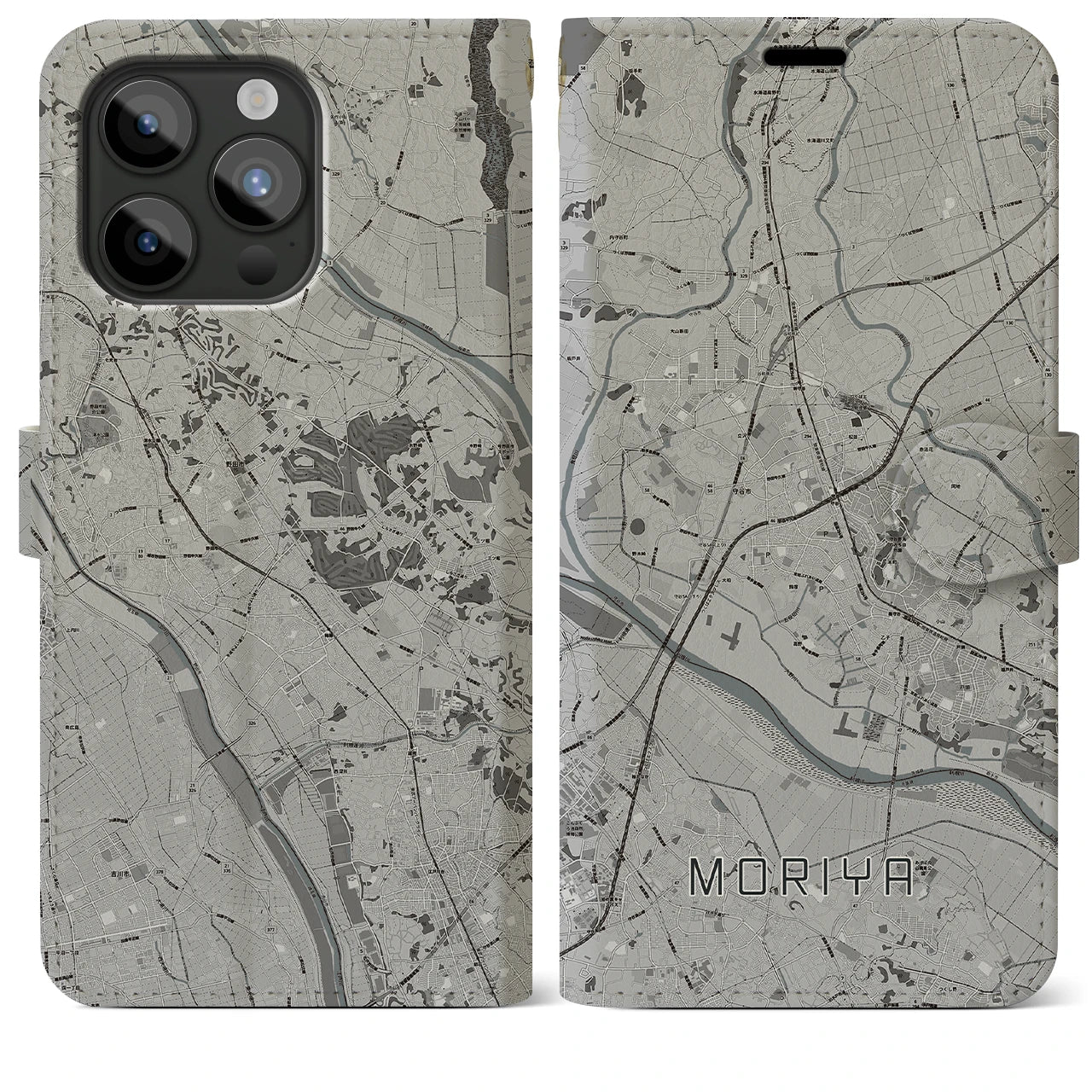 【守谷(茨城県)】地図柄iPhoneケース(手帳タイプ)モノトーン・iPhone 15 Pro Max 用