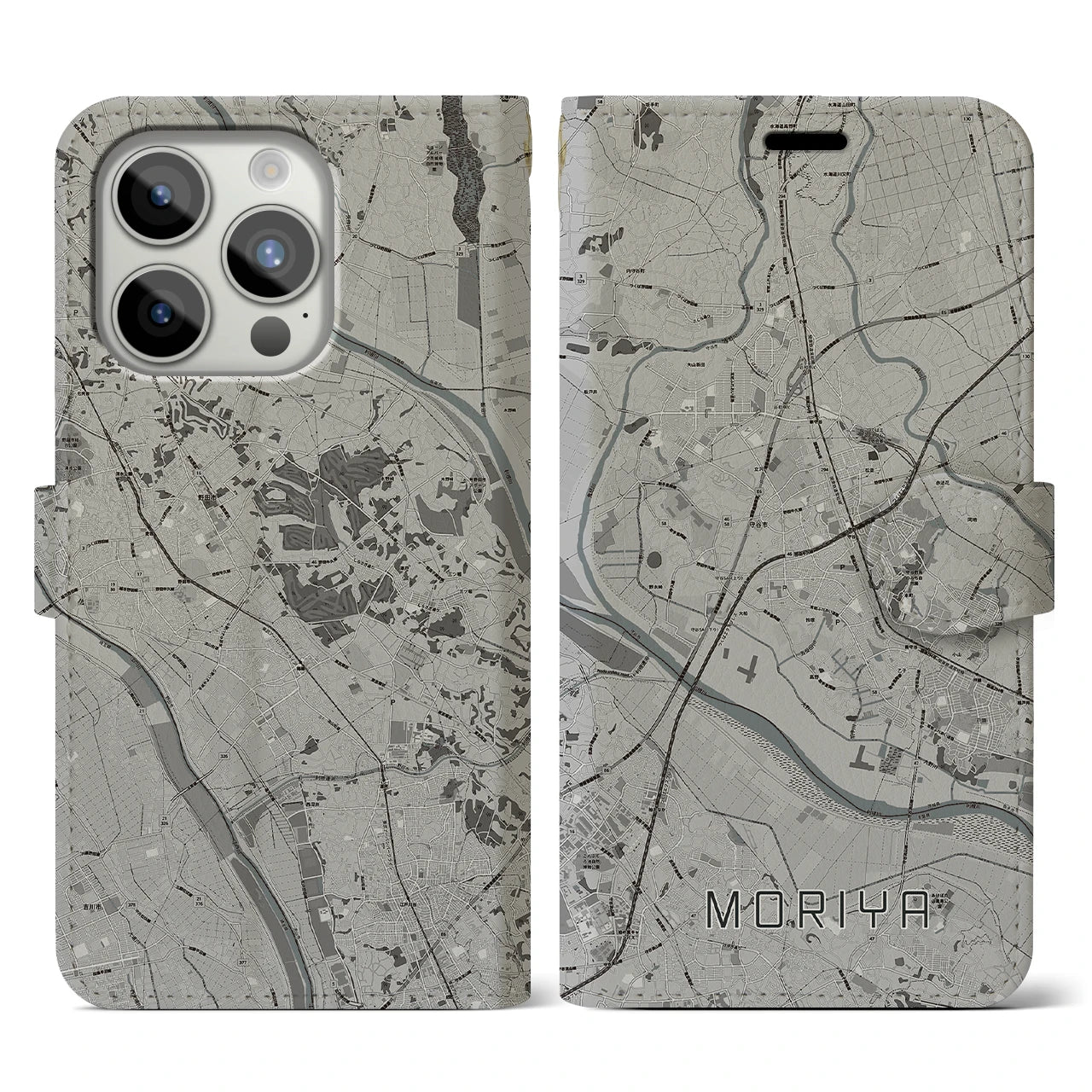 【守谷(茨城県)】地図柄iPhoneケース(手帳タイプ)モノトーン・iPhone 15 Pro 用