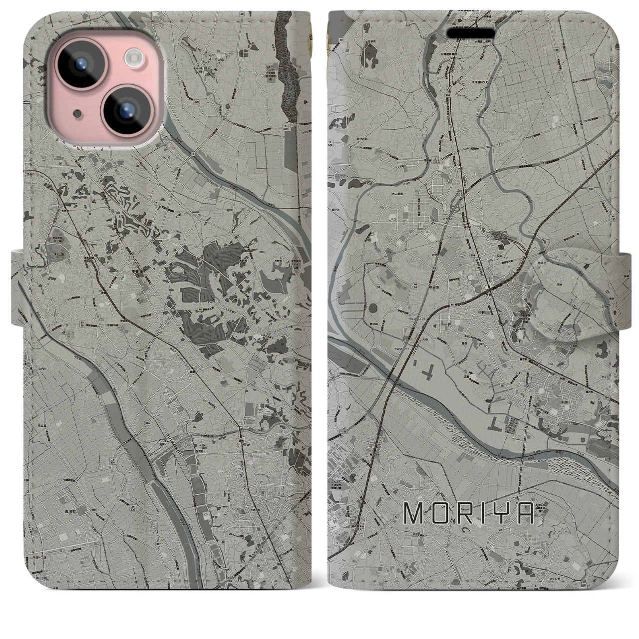 【守谷(茨城県)】地図柄iPhoneケース(手帳タイプ)モノトーン・iPhone 15 Plus 用
