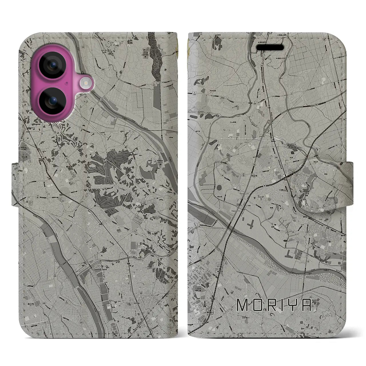 【守谷(茨城県)】地図柄iPhoneケース(手帳タイプ)モノトーン・iPhone 16 Pro 用