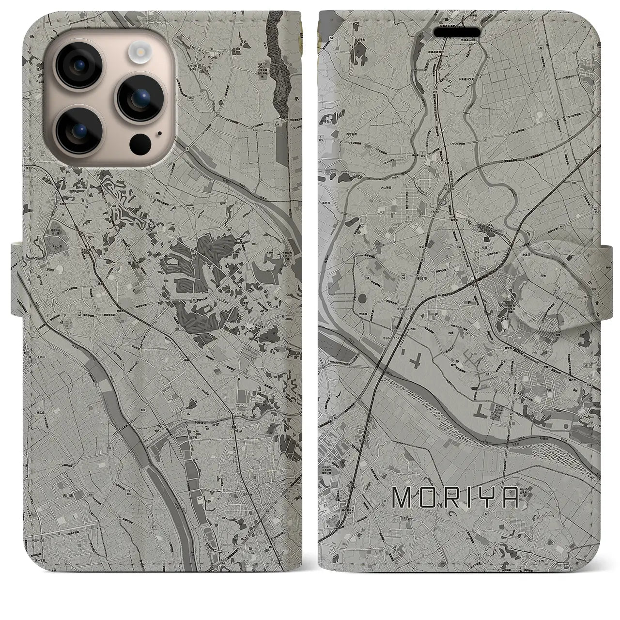 【守谷(茨城県)】地図柄iPhoneケース(手帳タイプ)モノトーン・iPhone 16 Plus 用
