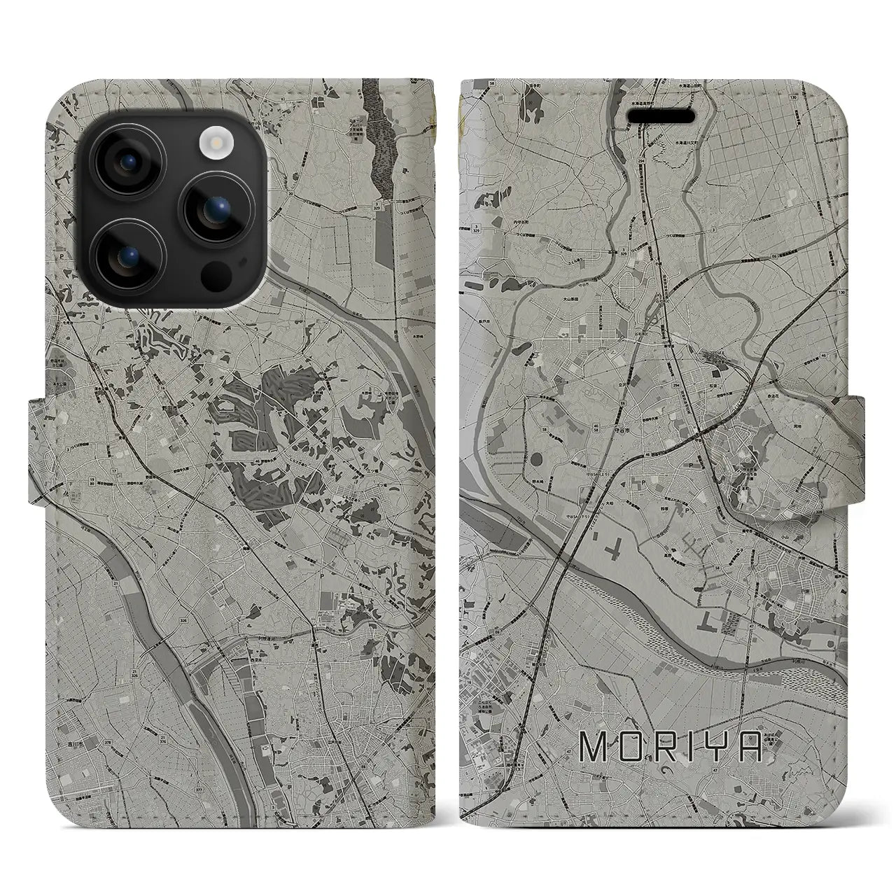 【守谷(茨城県)】地図柄iPhoneケース(手帳タイプ)モノトーン・iPhone 16 用