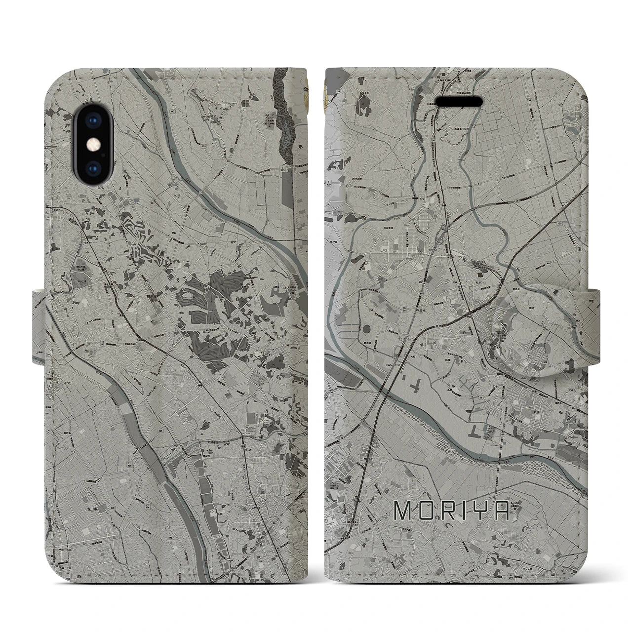 【守谷(茨城県)】地図柄iPhoneケース(手帳タイプ)モノトーン・iPhone XS / X 用