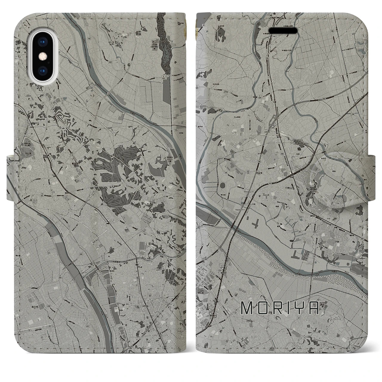 【守谷(茨城県)】地図柄iPhoneケース(手帳タイプ)モノトーン・iPhone XS Max 用