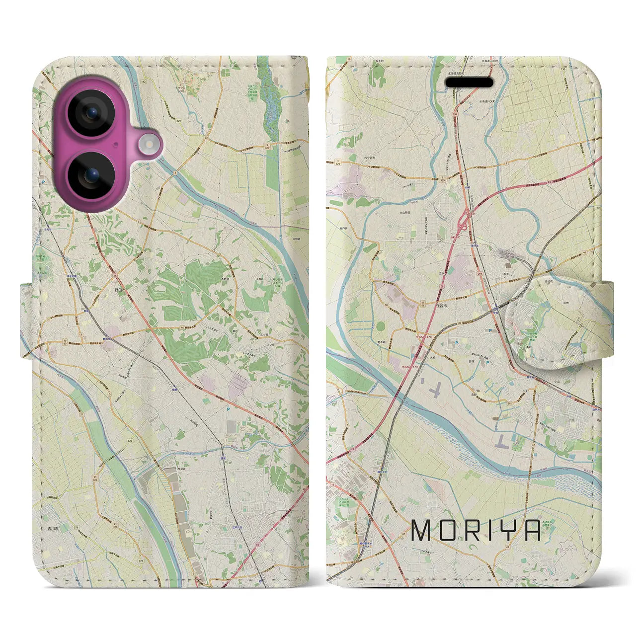 【守谷(茨城県)】地図柄iPhoneケース(手帳タイプ)ナチュラル・iPhone 16 Pro 用
