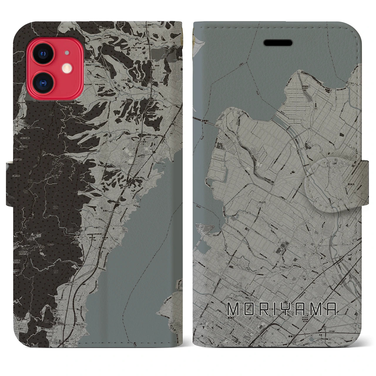 【守山(滋賀県)】地図柄iPhoneケース(手帳タイプ)モノトーン・iPhone 11 用
