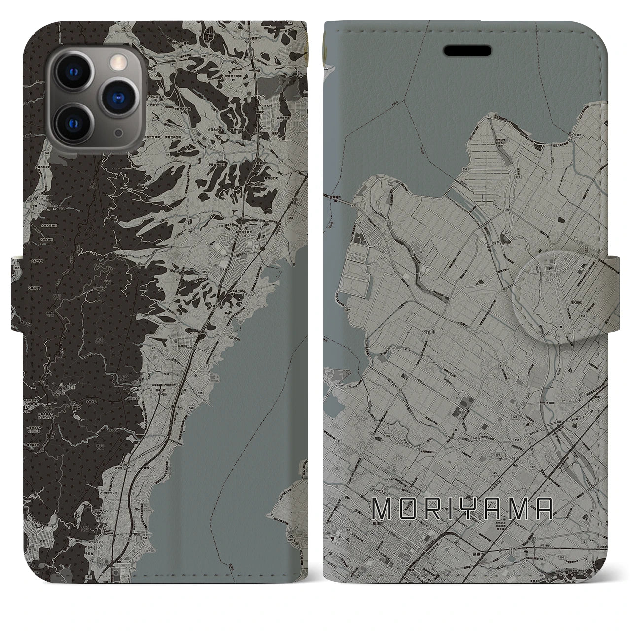 【守山(滋賀県)】地図柄iPhoneケース(手帳タイプ)モノトーン・iPhone 11 Pro Max 用