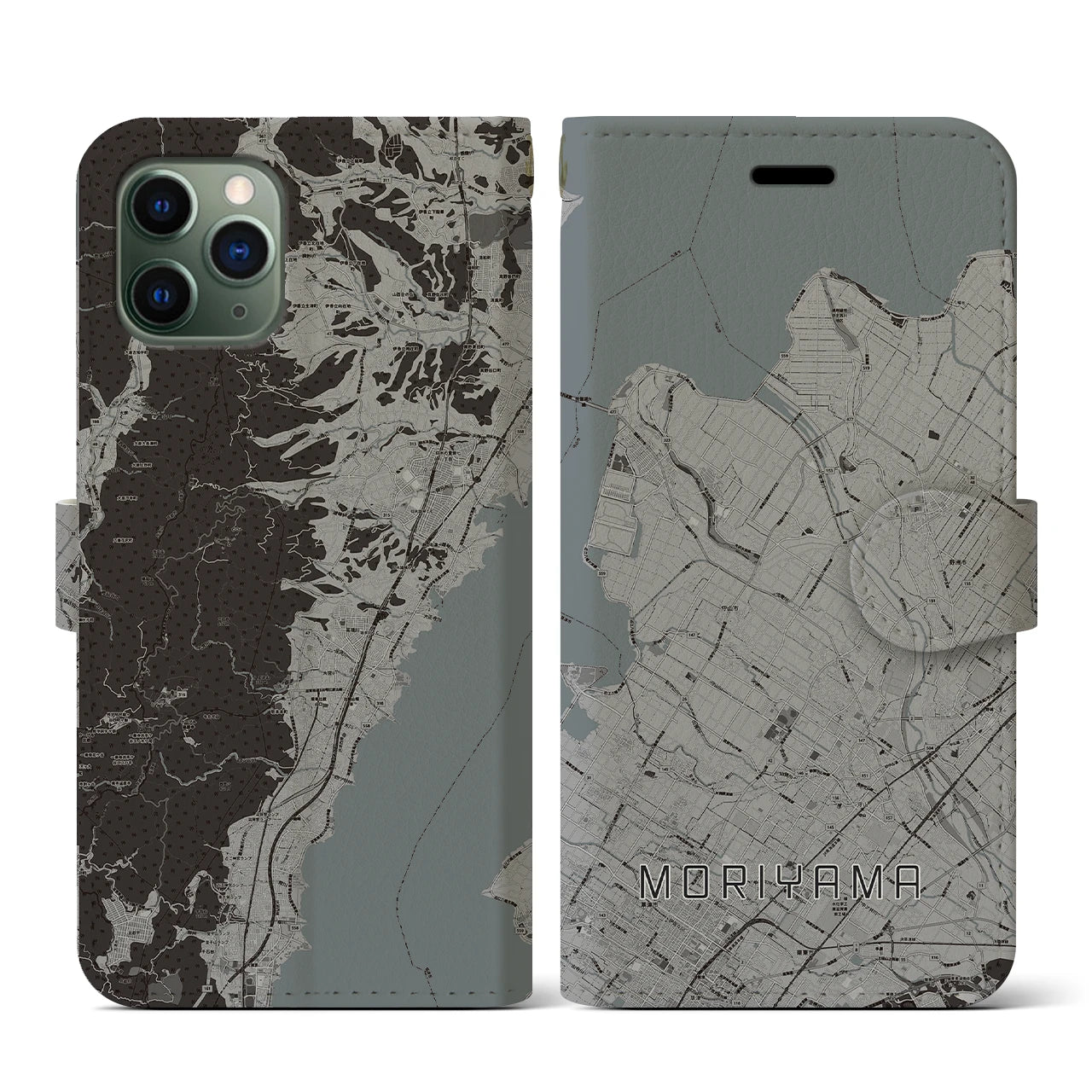 【守山(滋賀県)】地図柄iPhoneケース(手帳タイプ)モノトーン・iPhone 11 Pro 用