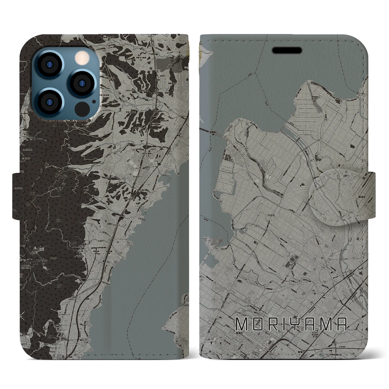 【守山(滋賀県)】地図柄iPhoneケース(手帳タイプ)モノトーン・iPhone 12 / 12 Pro 用
