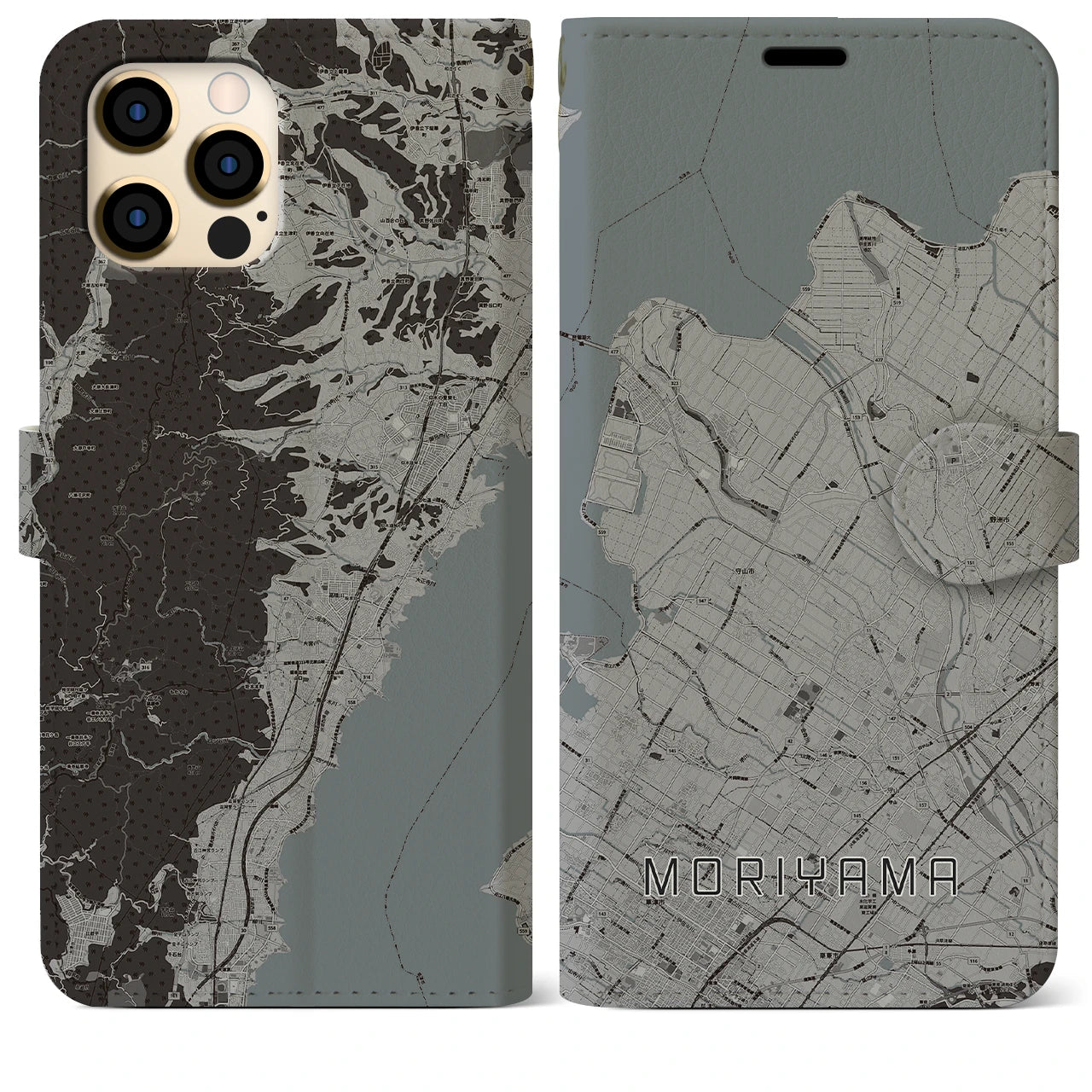 【守山(滋賀県)】地図柄iPhoneケース(手帳タイプ)モノトーン・iPhone 12 Pro Max 用