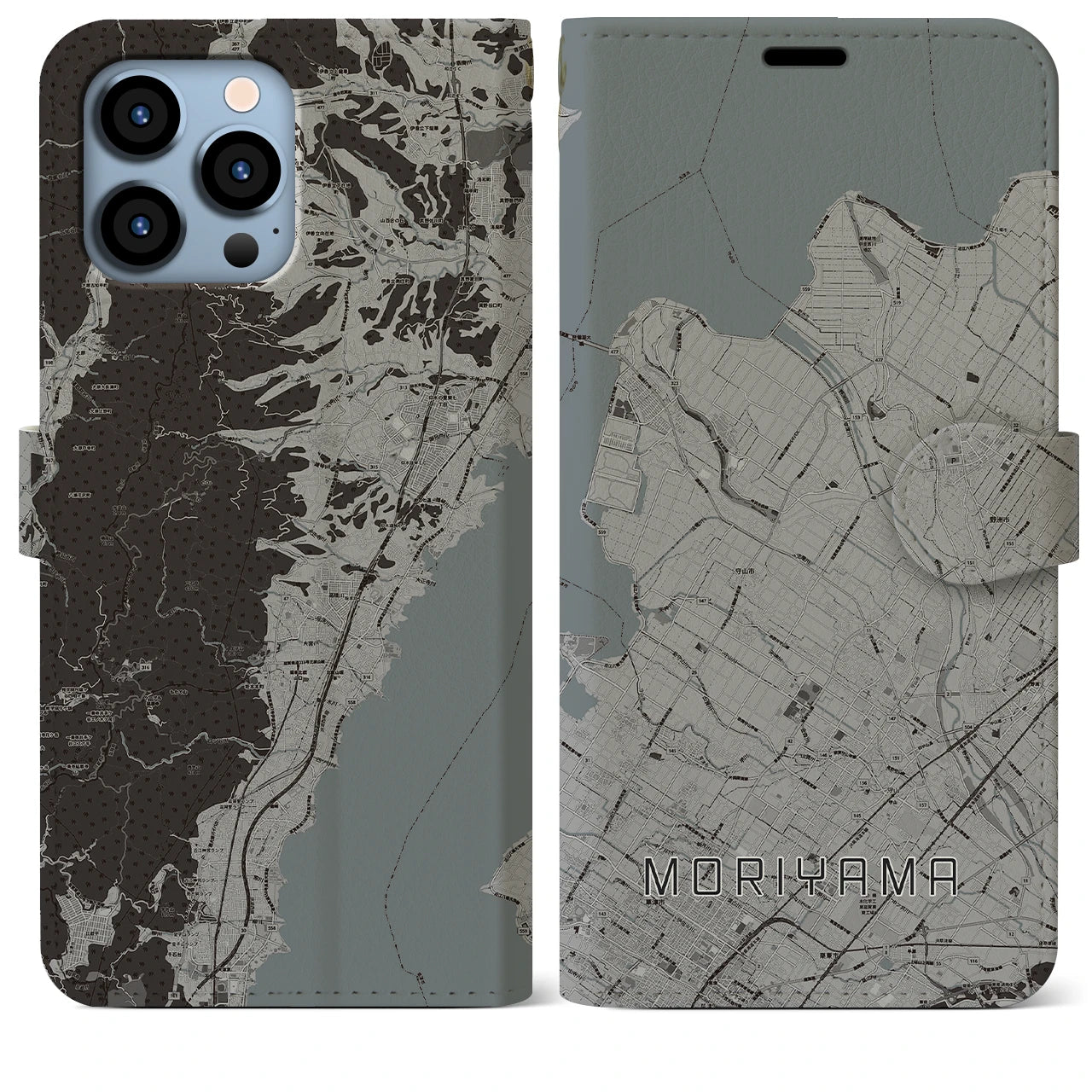 【守山(滋賀県)】地図柄iPhoneケース(手帳タイプ)モノトーン・iPhone 13 Pro Max 用