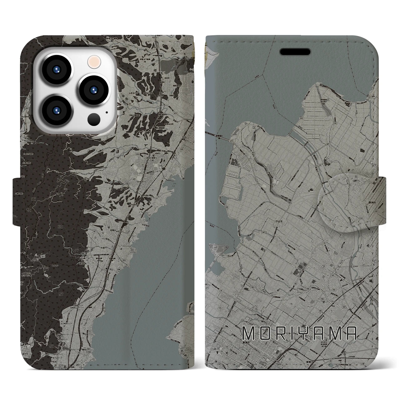 【守山(滋賀県)】地図柄iPhoneケース(手帳タイプ)モノトーン・iPhone 13 Pro 用