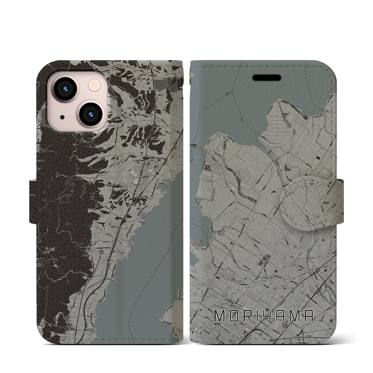 【守山(滋賀県)】地図柄iPhoneケース(手帳タイプ)モノトーン・iPhone 13 mini 用