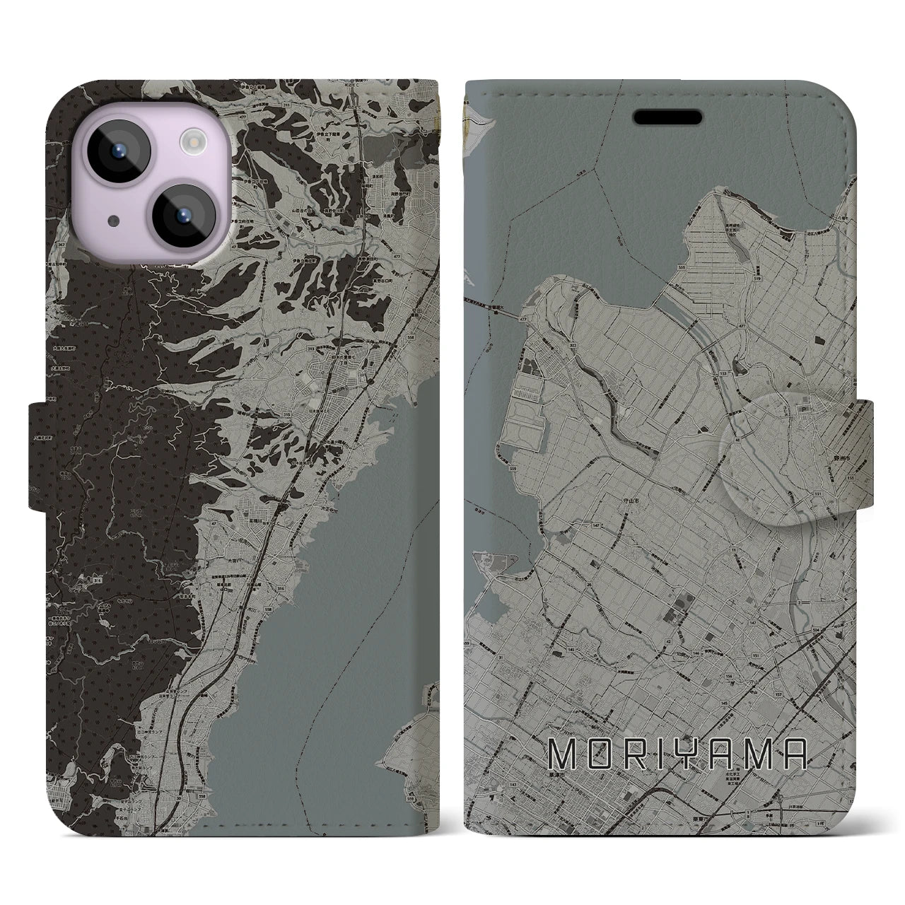 【守山(滋賀県)】地図柄iPhoneケース(手帳タイプ)モノトーン・iPhone 14 用