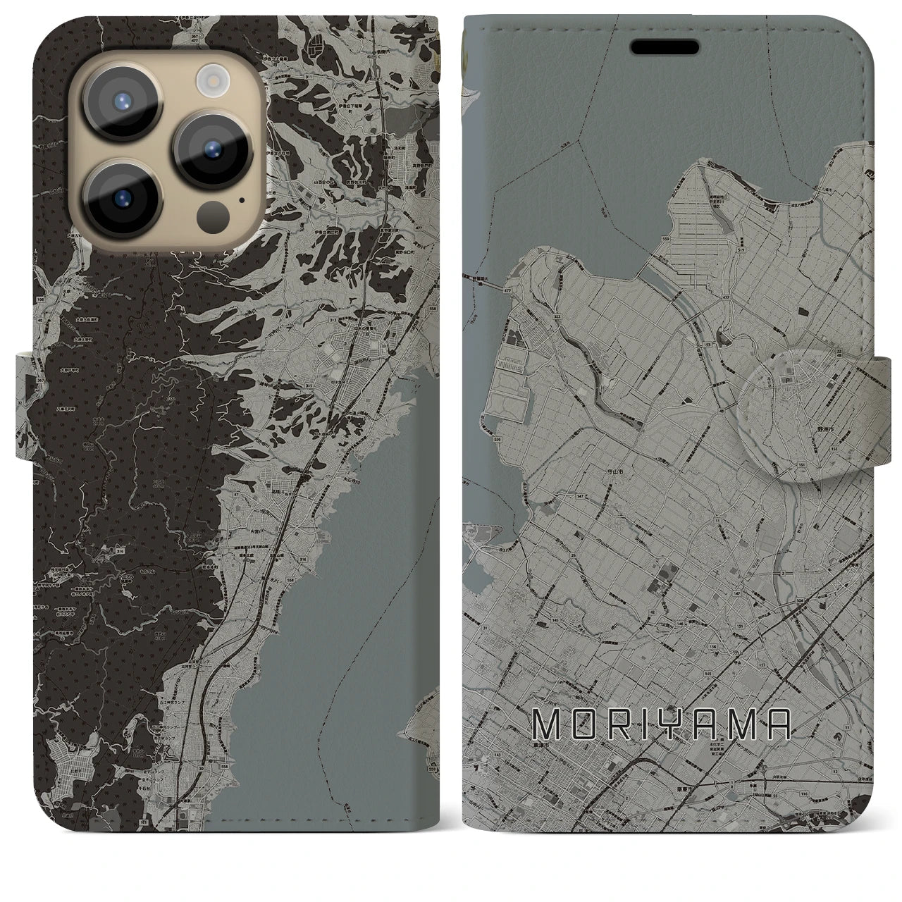 【守山(滋賀県)】地図柄iPhoneケース(手帳タイプ)モノトーン・iPhone 14 Pro Max 用