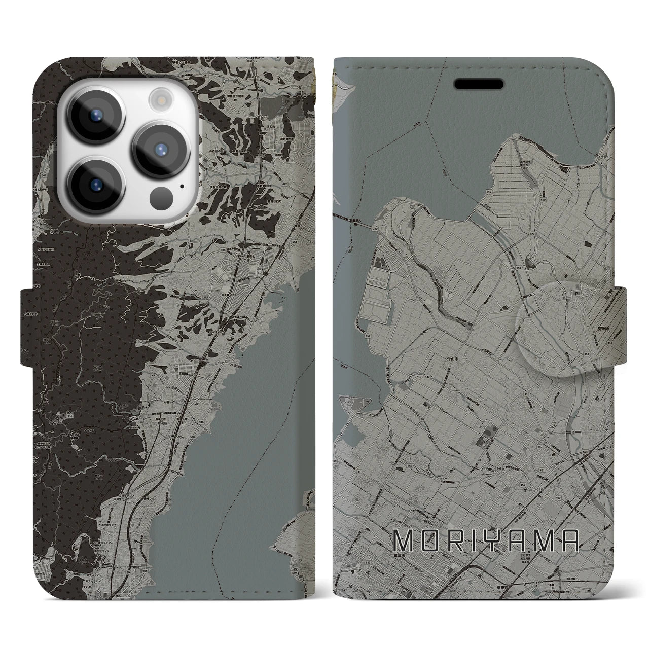 【守山(滋賀県)】地図柄iPhoneケース(手帳タイプ)モノトーン・iPhone 14 Pro 用