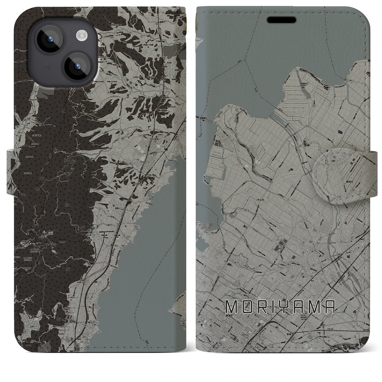 【守山(滋賀県)】地図柄iPhoneケース(手帳タイプ)モノトーン・iPhone 14 Plus 用