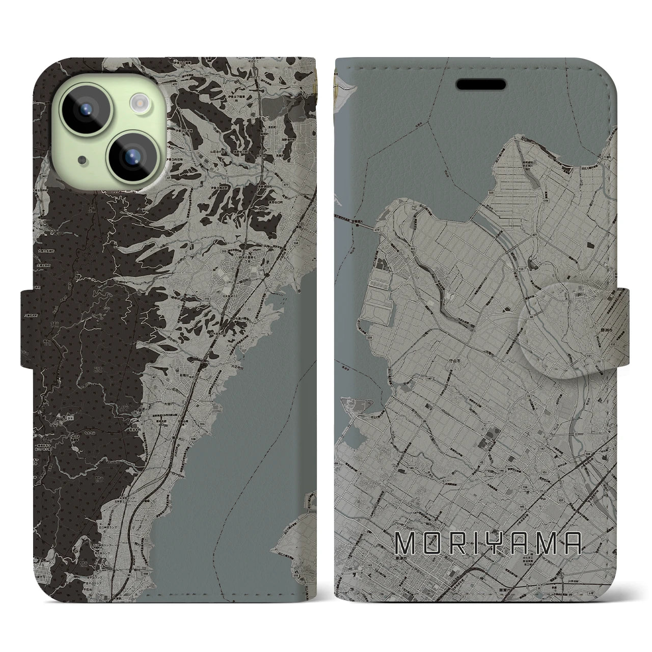 【守山(滋賀県)】地図柄iPhoneケース(手帳タイプ)モノトーン・iPhone 15 用