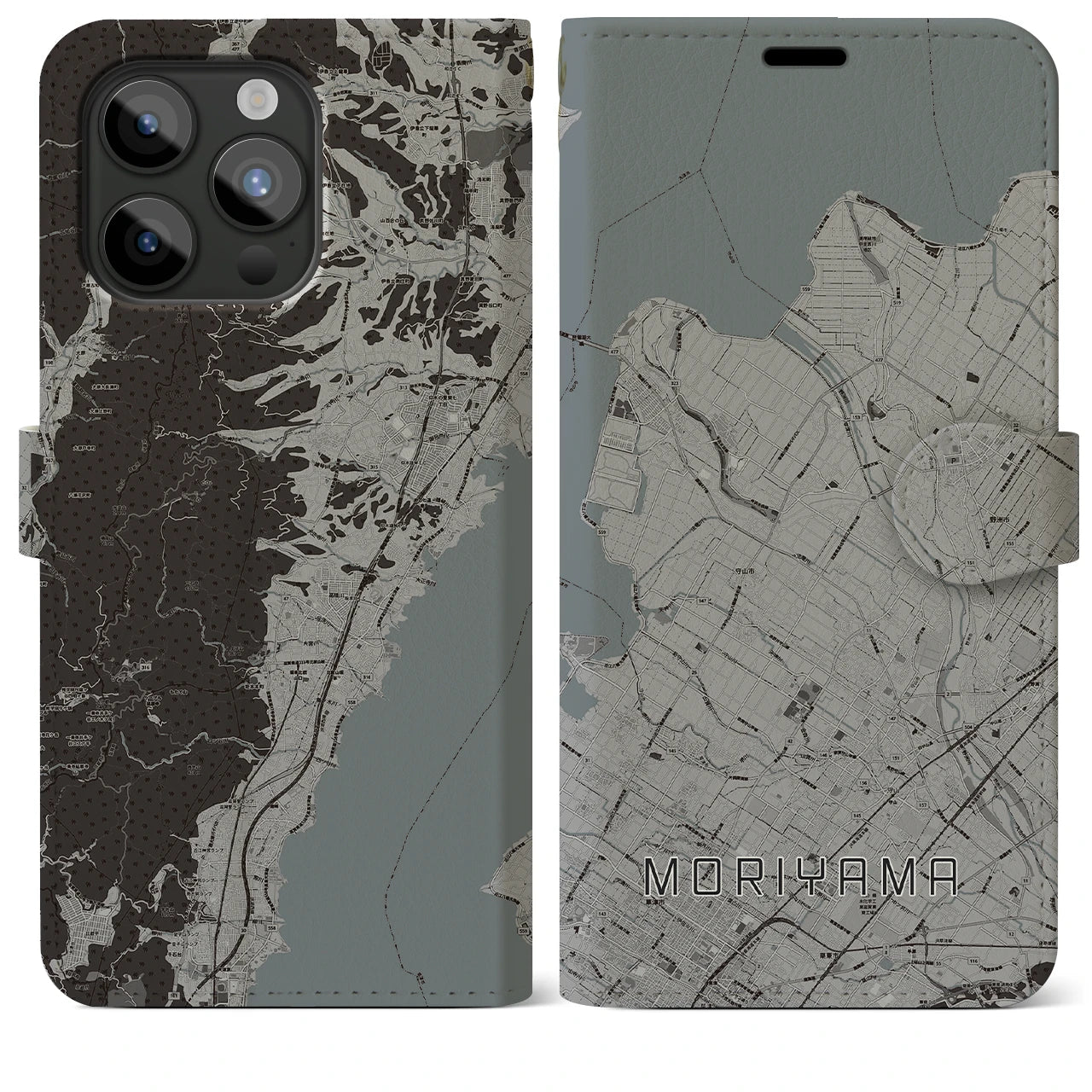 【守山(滋賀県)】地図柄iPhoneケース(手帳タイプ)モノトーン・iPhone 15 Pro Max 用
