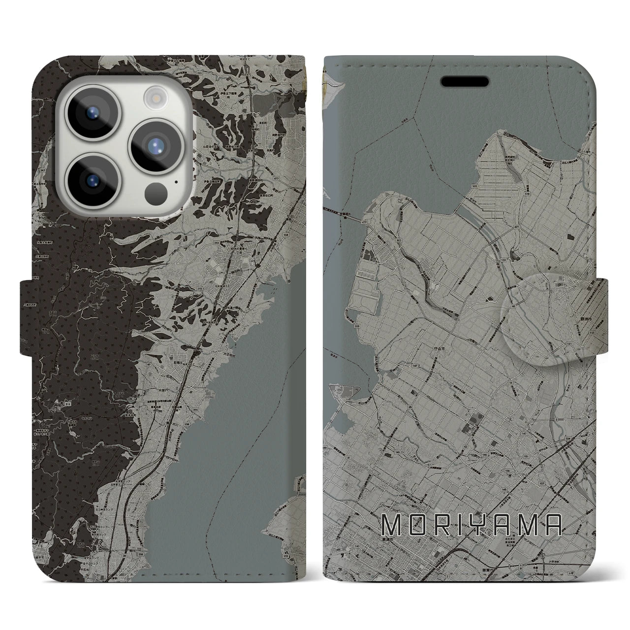 【守山(滋賀県)】地図柄iPhoneケース(手帳タイプ)モノトーン・iPhone 15 Pro 用