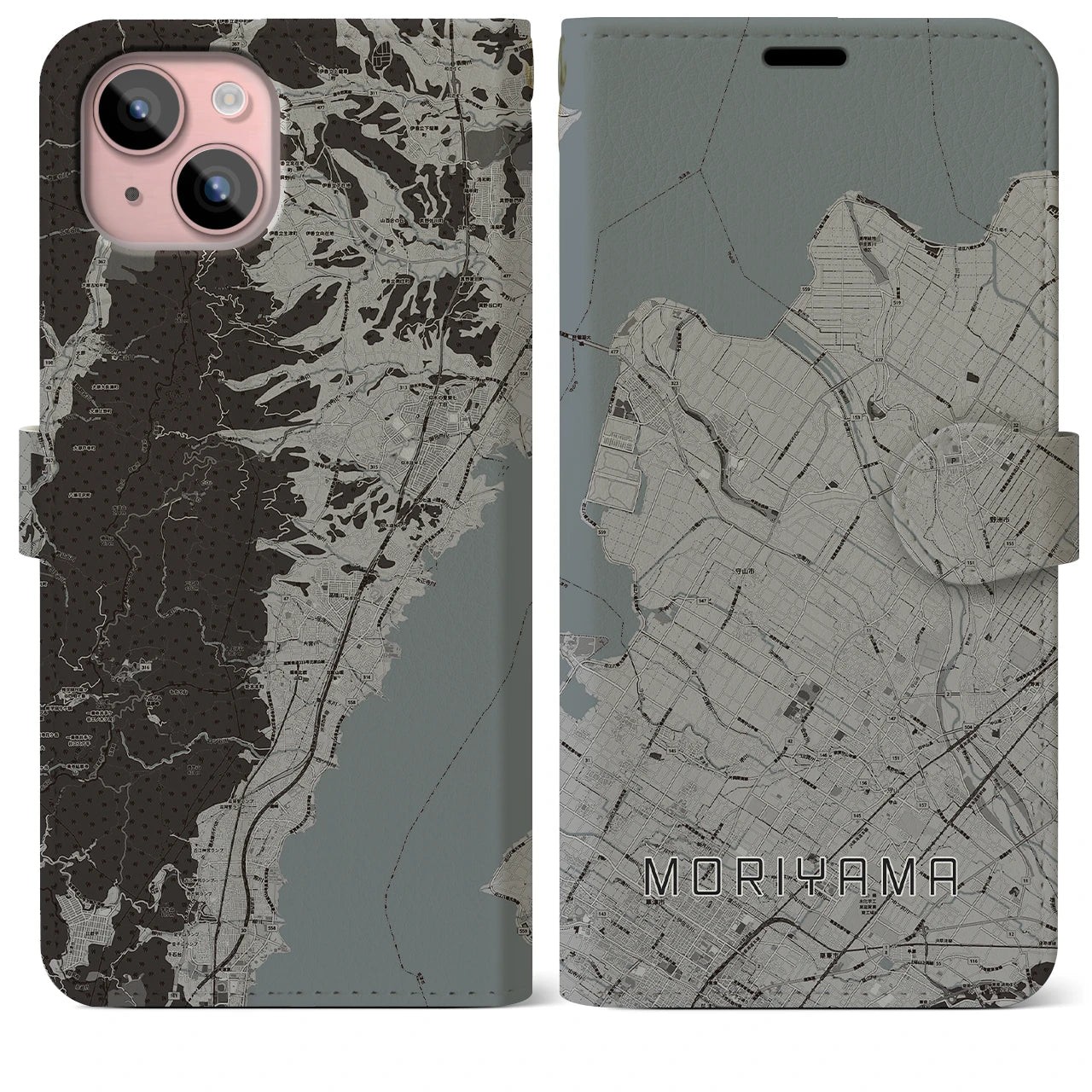 【守山(滋賀県)】地図柄iPhoneケース(手帳タイプ)モノトーン・iPhone 15 Plus 用