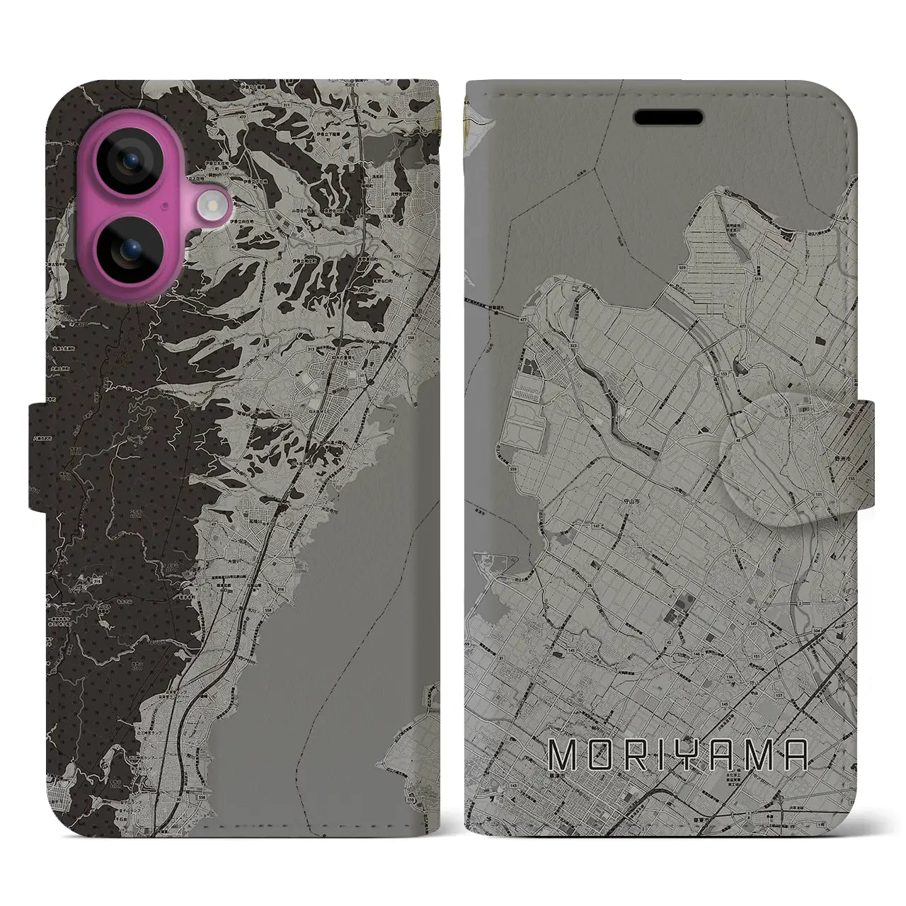 【守山(滋賀県)】地図柄iPhoneケース(手帳タイプ)モノトーン・iPhone 16 Pro 用