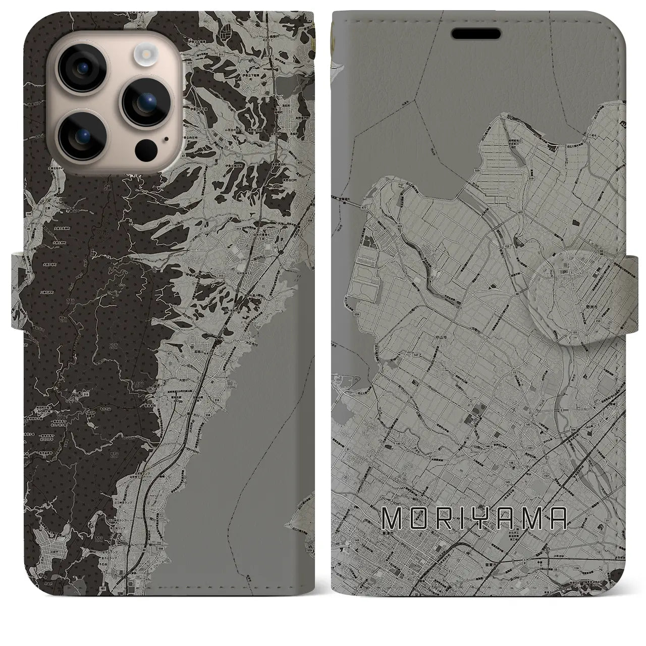【守山(滋賀県)】地図柄iPhoneケース(手帳タイプ)モノトーン・iPhone 16 Plus 用