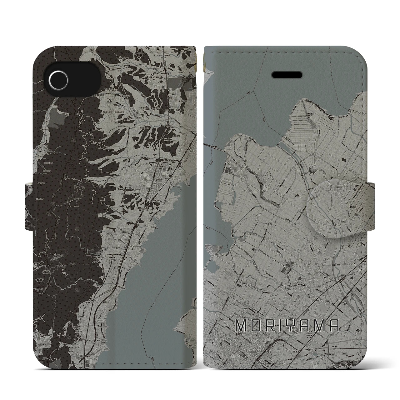 【守山(滋賀県)】地図柄iPhoneケース(手帳タイプ)モノトーン・iPhone SE(第3 / 第2世代) / 8 / 7 / 6s / 6 用