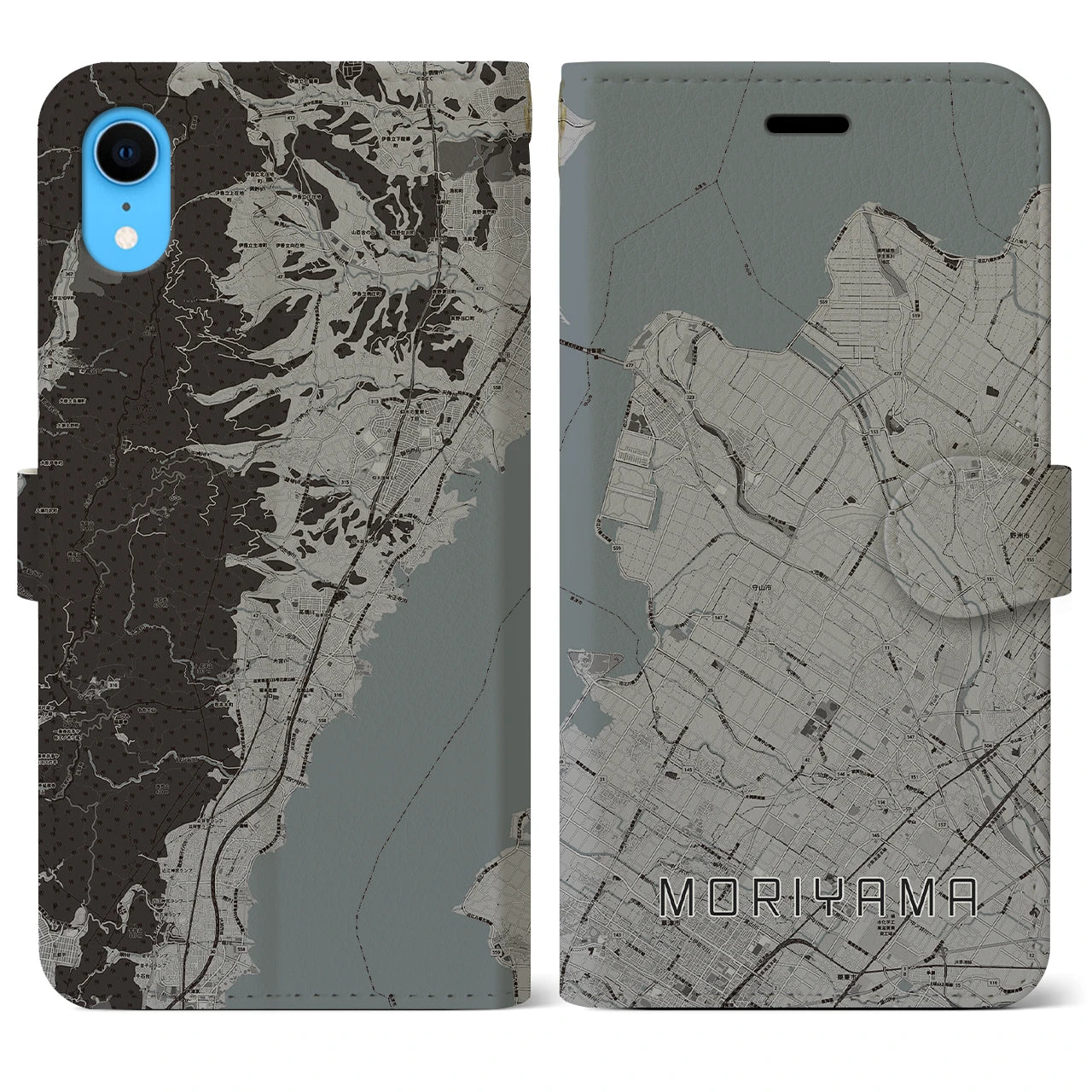 【守山(滋賀県)】地図柄iPhoneケース(手帳タイプ)モノトーン・iPhone XR 用