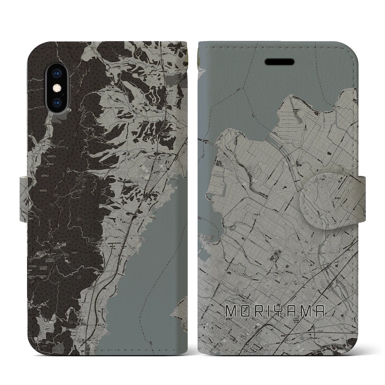 【守山(滋賀県)】地図柄iPhoneケース(手帳タイプ)モノトーン・iPhone XS / X 用