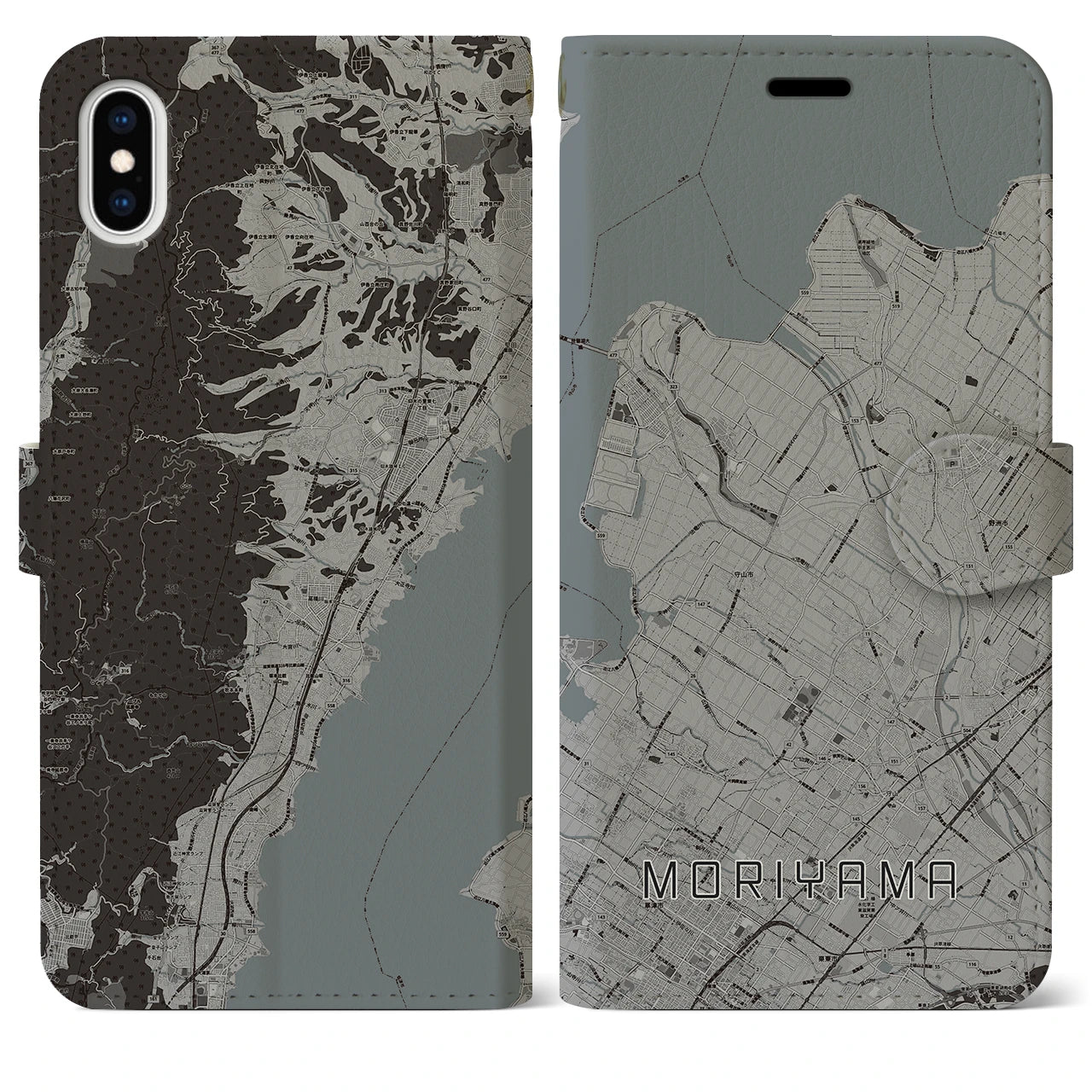 【守山(滋賀県)】地図柄iPhoneケース(手帳タイプ)モノトーン・iPhone XS Max 用