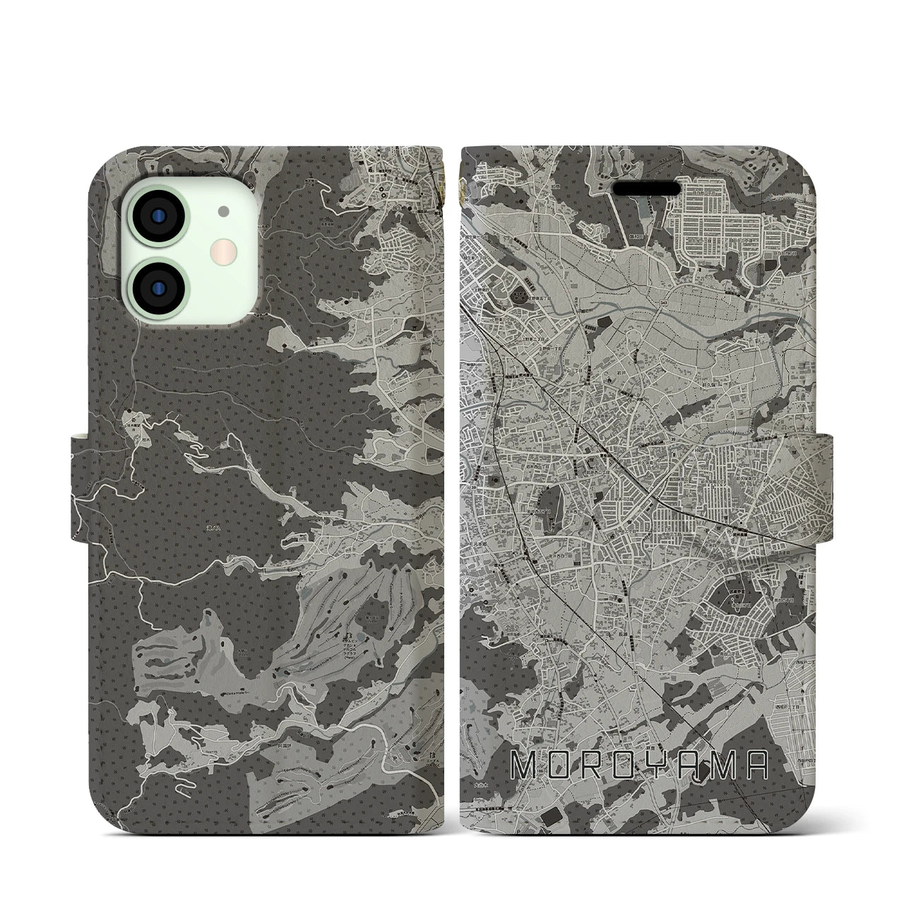 【毛呂山(埼玉県)】地図柄iPhoneケース(手帳タイプ)モノトーン・iPhone 12 mini 用