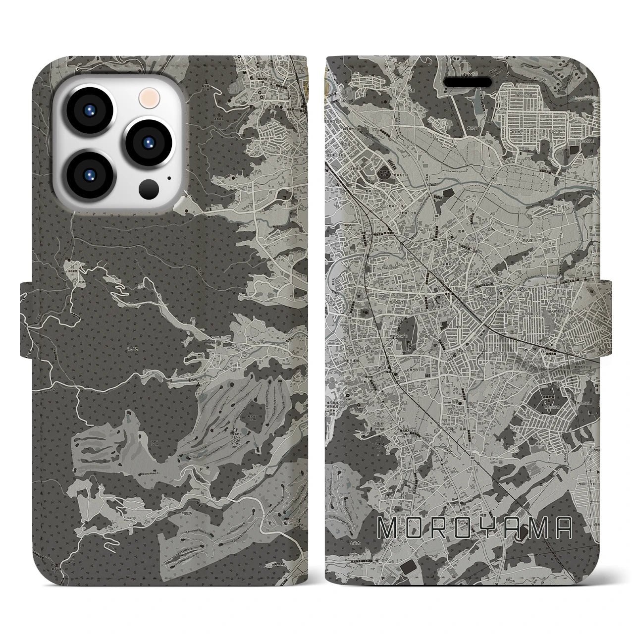 【毛呂山(埼玉県)】地図柄iPhoneケース(手帳タイプ)モノトーン・iPhone 13 Pro 用