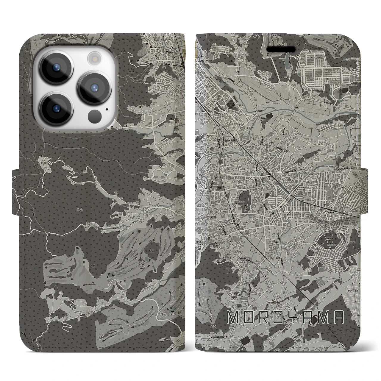 【毛呂山(埼玉県)】地図柄iPhoneケース(手帳タイプ)モノトーン・iPhone 14 Pro 用