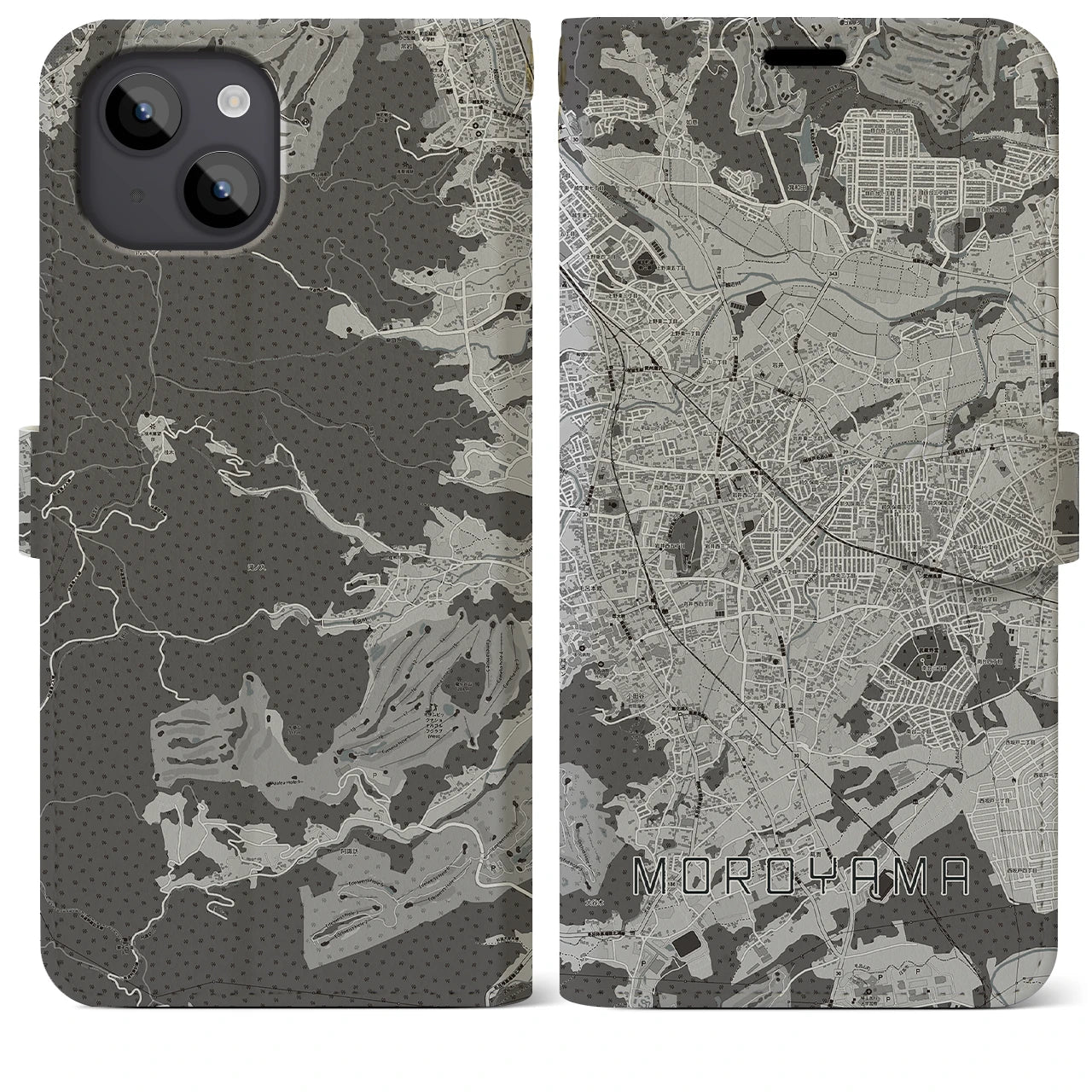 【毛呂山(埼玉県)】地図柄iPhoneケース(手帳タイプ)モノトーン・iPhone 14 Plus 用