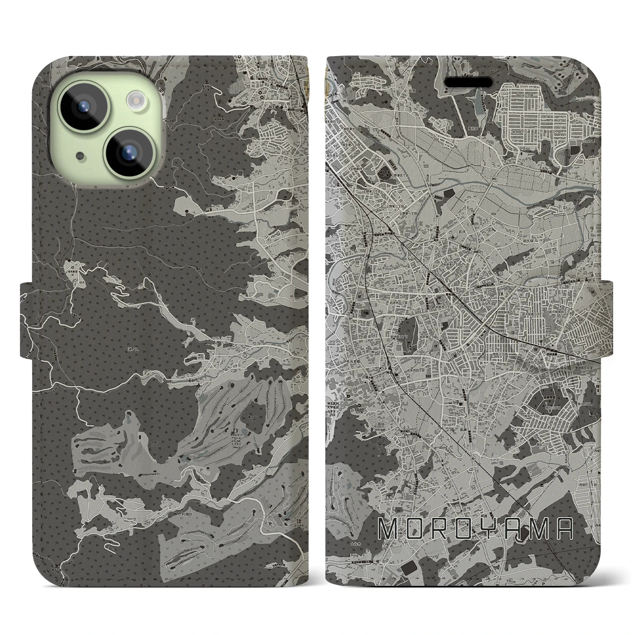 【毛呂山(埼玉県)】地図柄iPhoneケース(手帳タイプ)モノトーン・iPhone 15 用