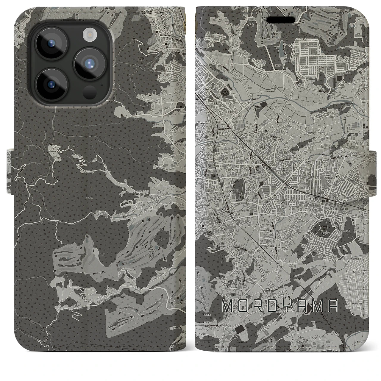 【毛呂山(埼玉県)】地図柄iPhoneケース(手帳タイプ)モノトーン・iPhone 15 Pro Max 用