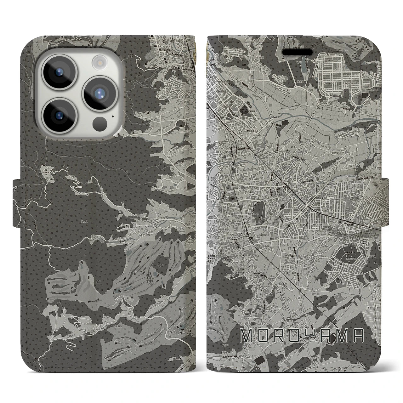【毛呂山(埼玉県)】地図柄iPhoneケース(手帳タイプ)モノトーン・iPhone 15 Pro 用