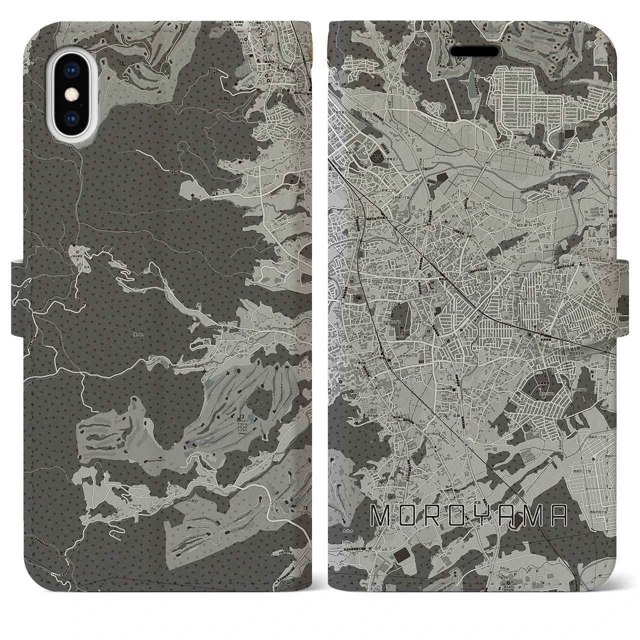 【毛呂山(埼玉県)】地図柄iPhoneケース(手帳タイプ)モノトーン・iPhone XS Max 用
