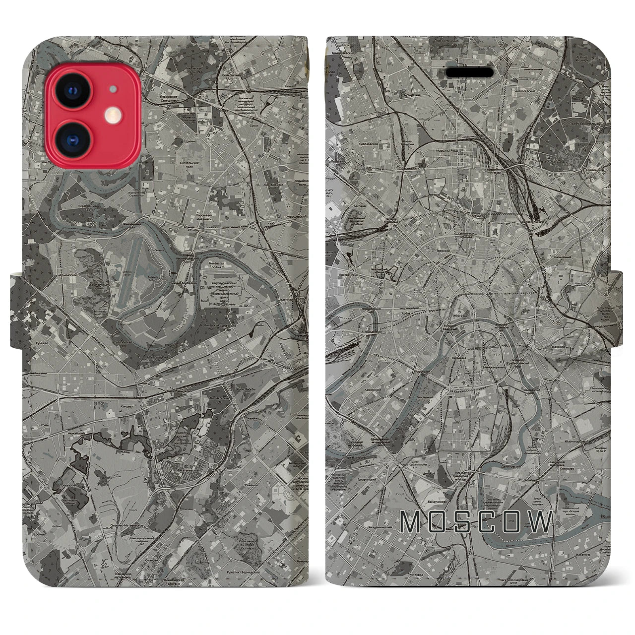 【モスクワ(ロシア)】地図柄iPhoneケース(手帳タイプ)モノトーン・iPhone 11 用