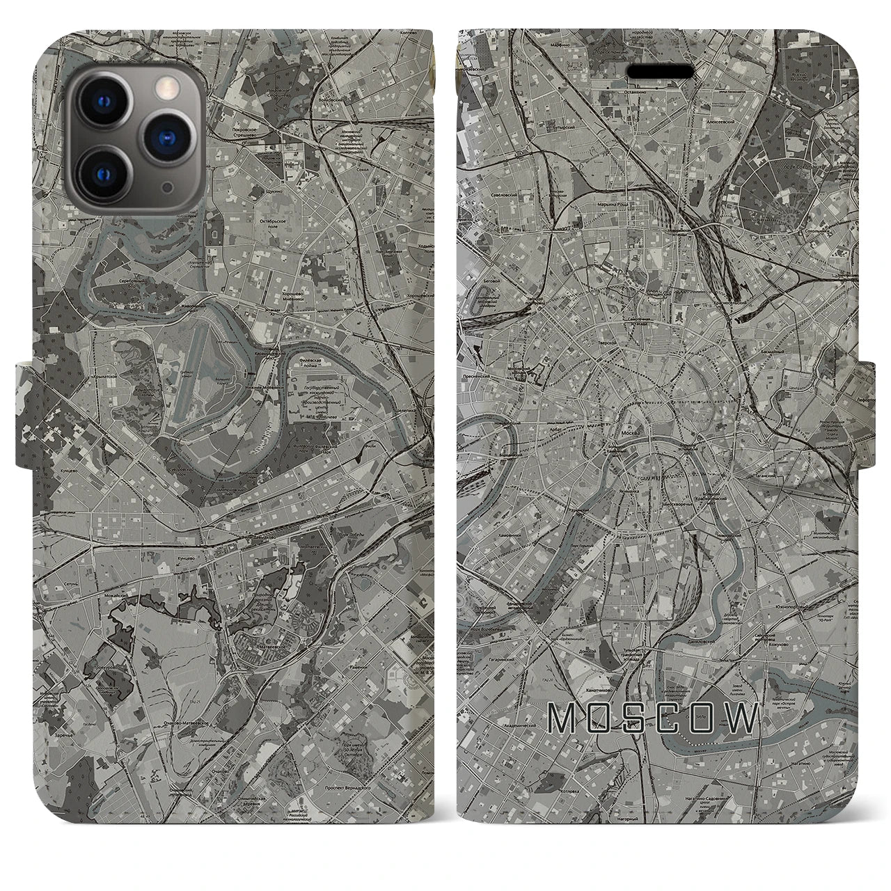 【モスクワ(ロシア)】地図柄iPhoneケース(手帳タイプ)モノトーン・iPhone 11 Pro Max 用