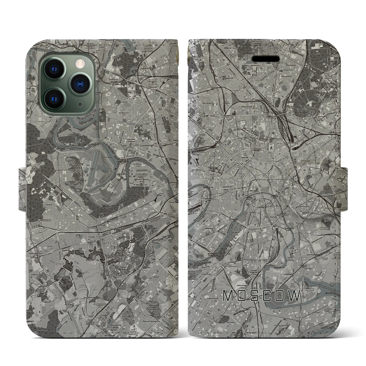 【モスクワ(ロシア)】地図柄iPhoneケース(手帳タイプ)モノトーン・iPhone 11 Pro 用